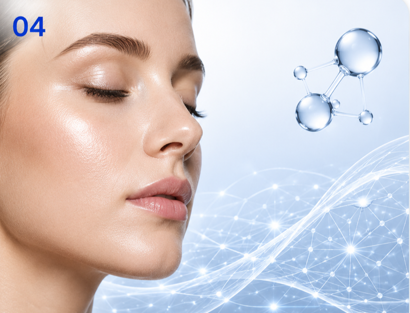 Blue-gray skin and aesthetics visual with glowing skin and collagen-inspired wave